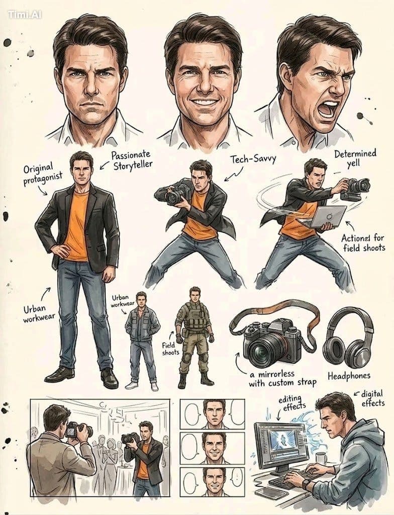 Comic-book style character design sheet of a charismatic fil