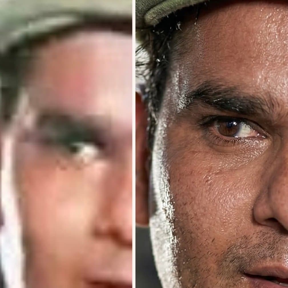 Restore and enhance an old damaged photo. Remove scratches, 