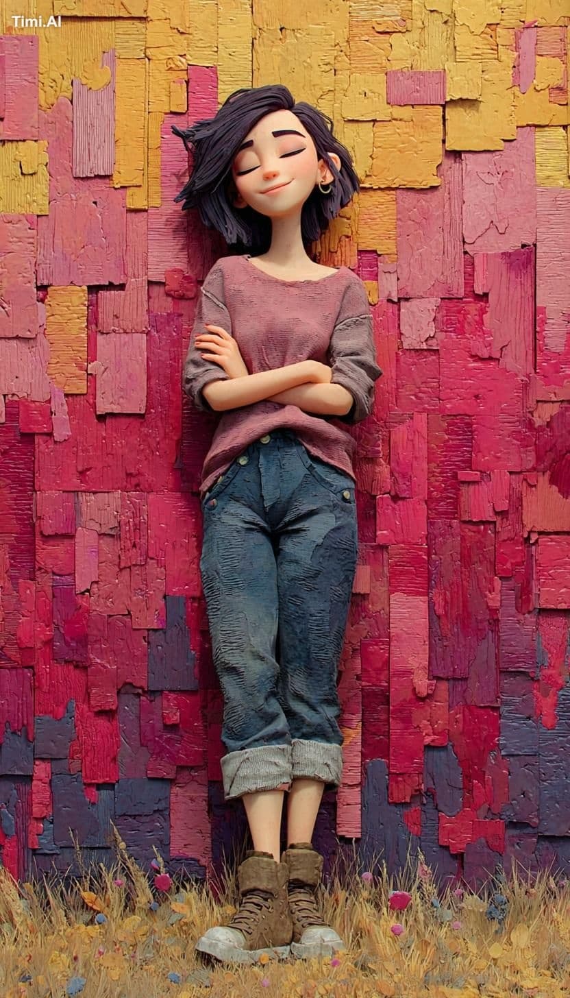 1. A stylized 3D animated girl standing in front of a rustic