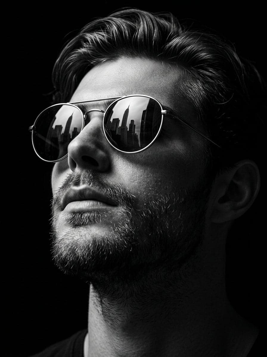 Ultra-realistic black and white cinematic portrait of a conf