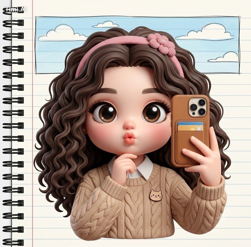 3D chibi-style cute girl taking a mirror selfie, with big da