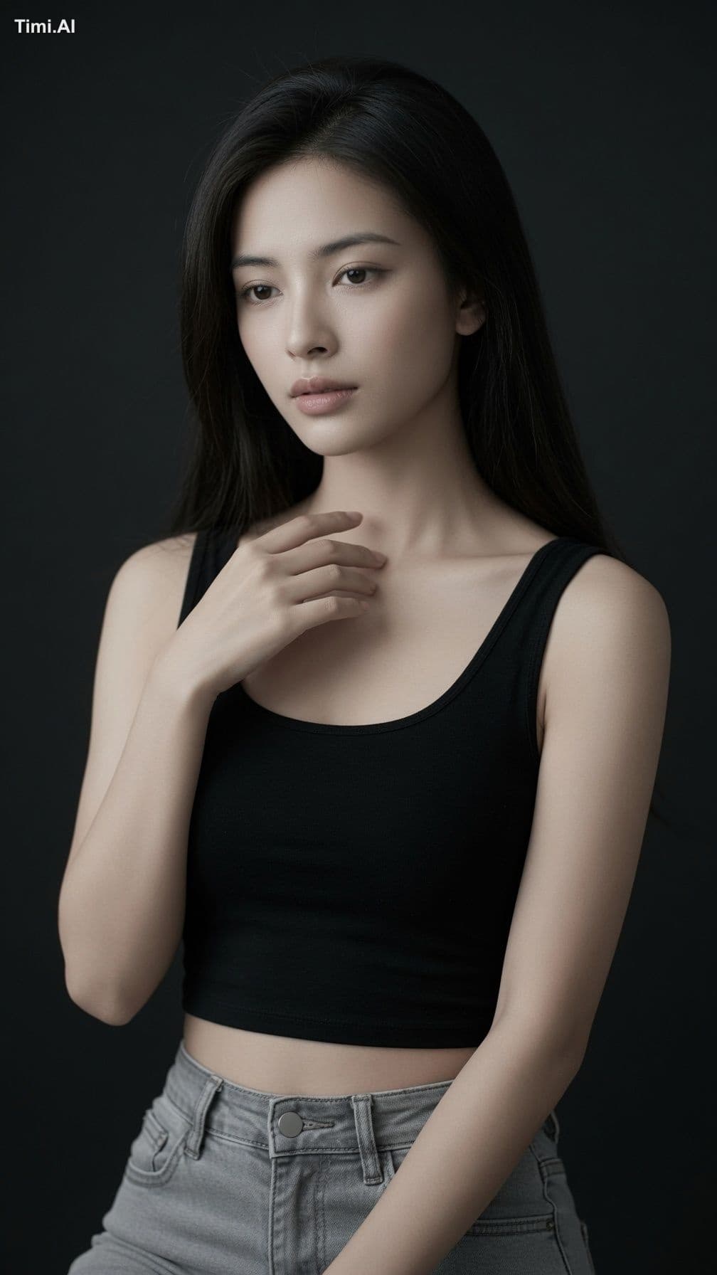 一位20多岁的年轻成年东亚女性坐在深黑至炭灰色摄影棚背景前,画面从头顶拍至胯部上方。人物位于中央略偏右,身体微微朝画面左
