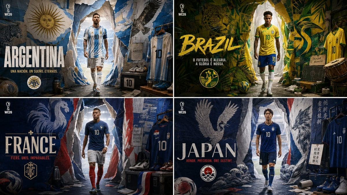 2x2 grid, do this for 4 iconic countries qualified for wc 20