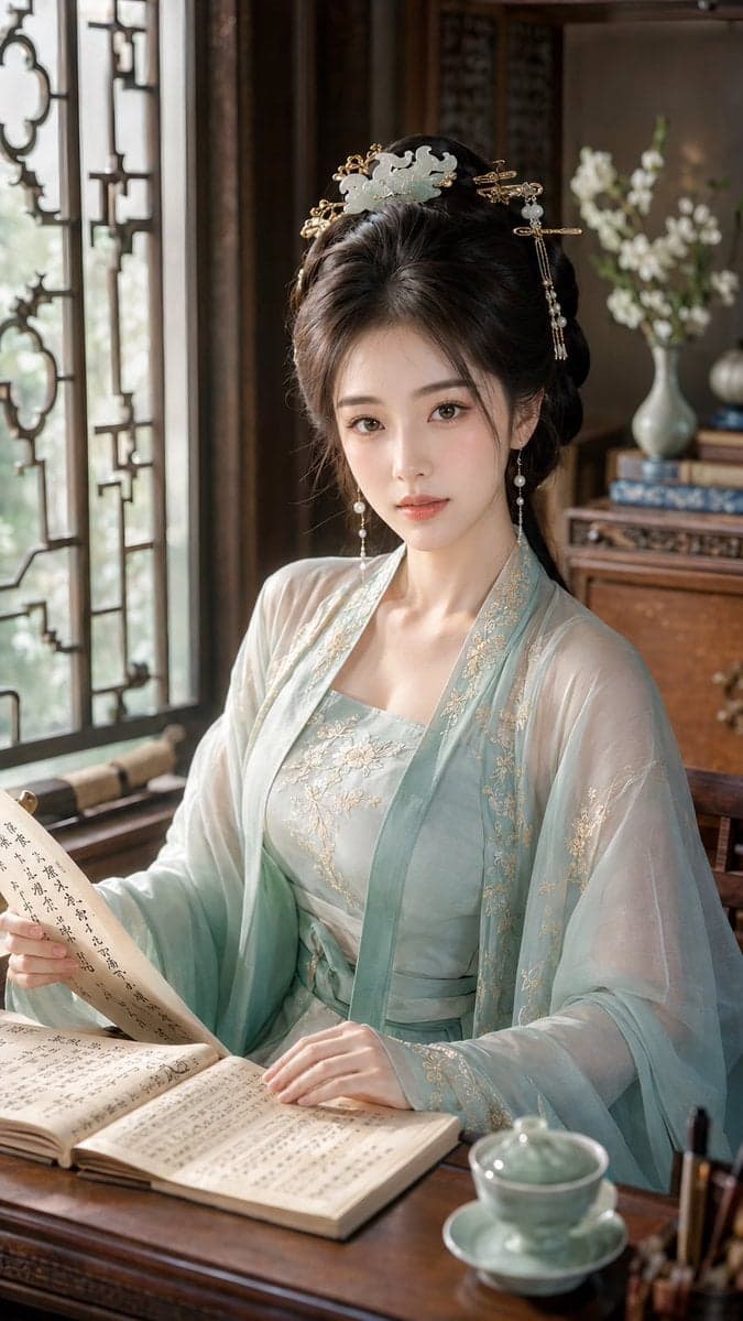 9:16 竖版,古风贵女明艳水光美妆特写,东方水光显妆贵女人像,半身近景构图,人物轻侧身回眸,从背部与肩部轻微转身看向镜