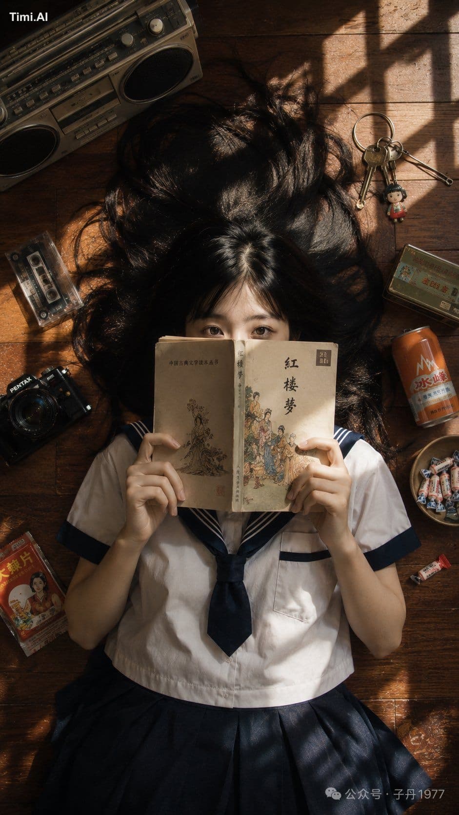 一名中国少女,身穿带有深蓝色领子的白色水手校服,正躺在传统的中式木地板上。她手里拿着一本中国古典小说挡在脸前,遮住了嘴巴