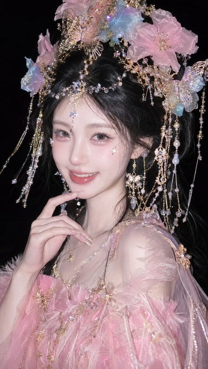 真人摄影,竖版9:16国风幻想写真,手机闪光灯近景半身肖像;年轻女性居中偏右,冷白到象牙白肤调,窄脸尖下巴、浅色美瞳、细