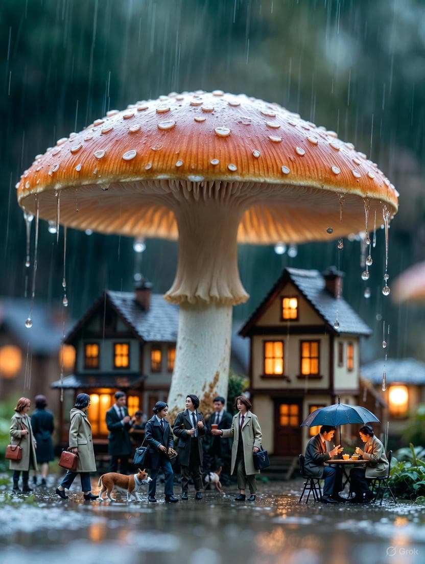 {
  "subject": {
    "main_focus": "A giant Amanita muscaria