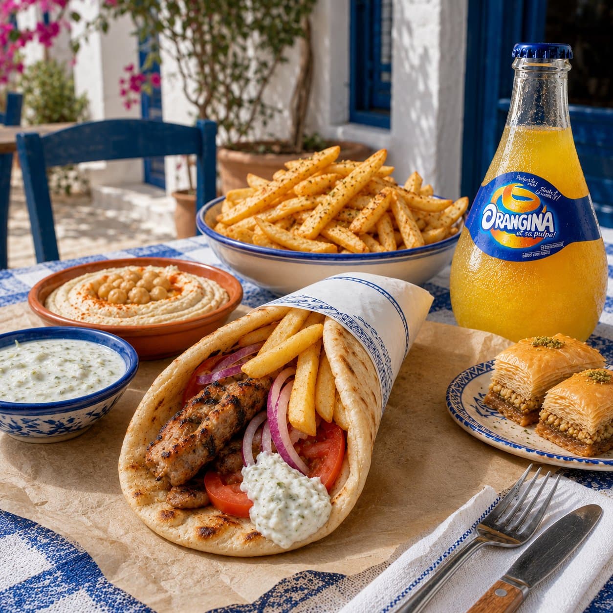 Hyper-realistic 1:1 professional food photography of a Greek