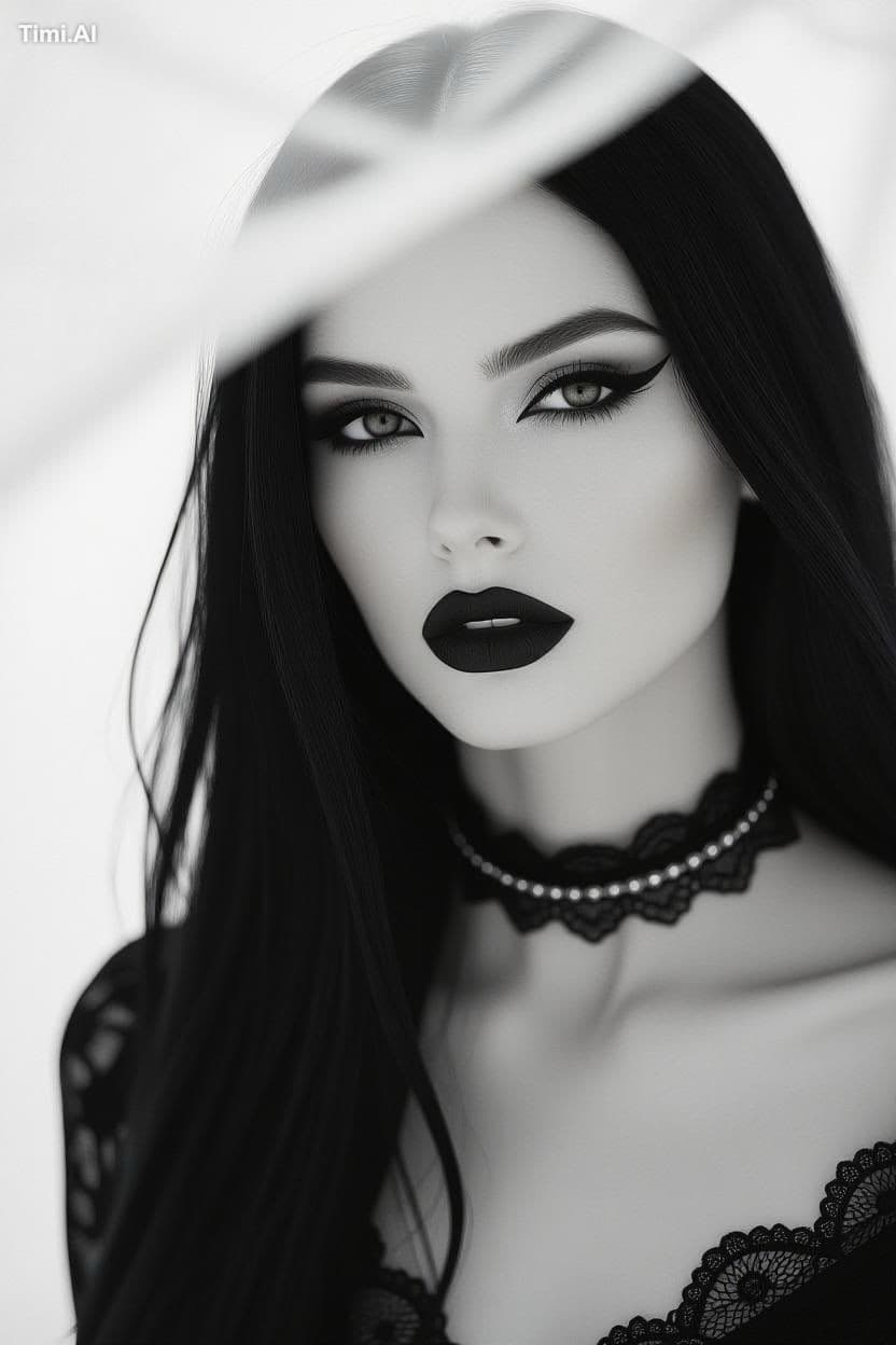 Cinematic portrait of a gothic woman with pale skin and jet-