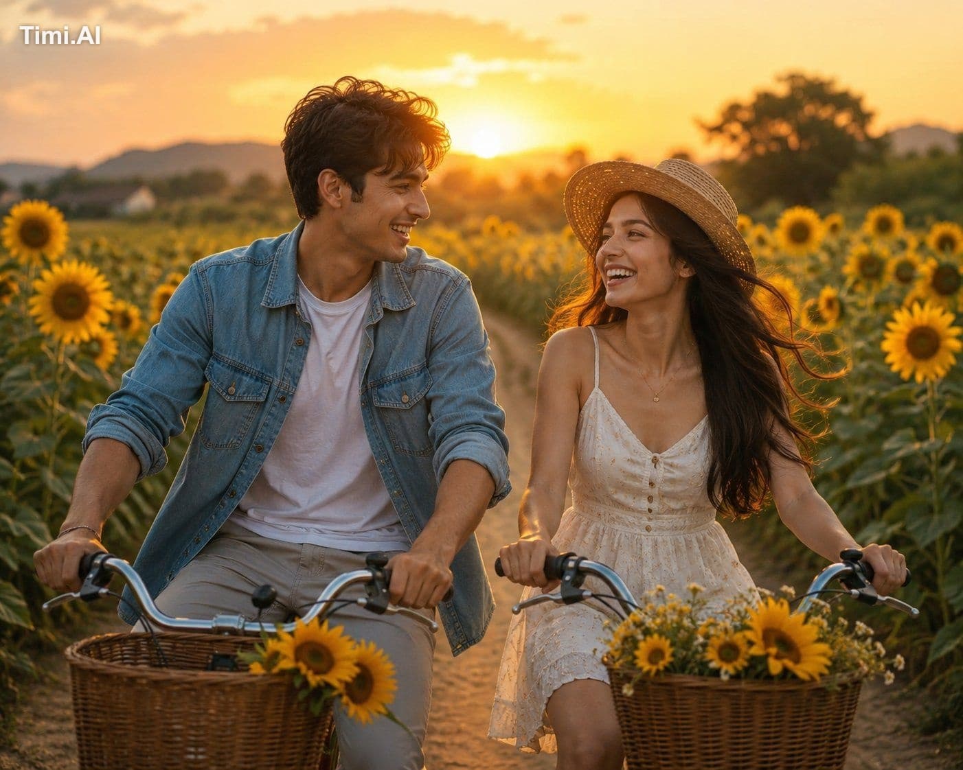 A joyful young couple laughing together while riding bicycle