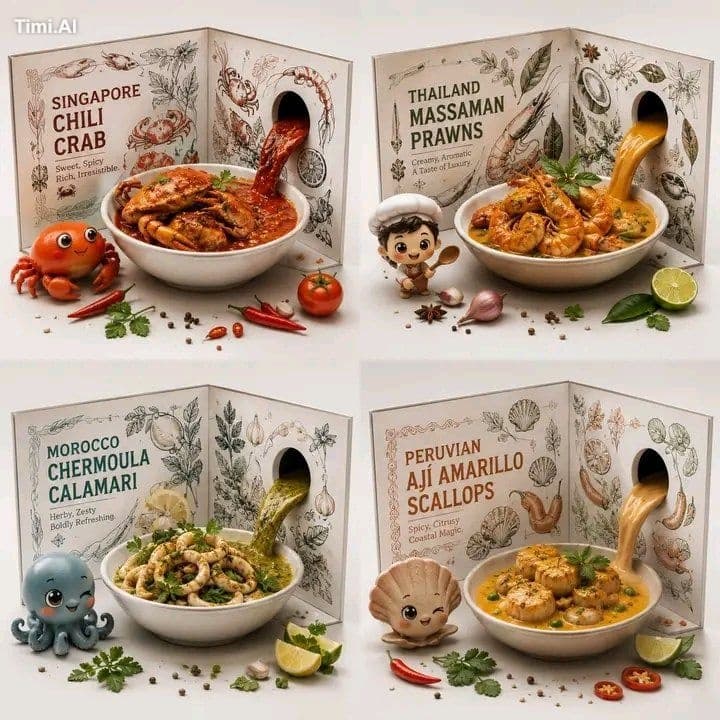 Ultra-detailed 2×2 grid luxury food advertising poster featu