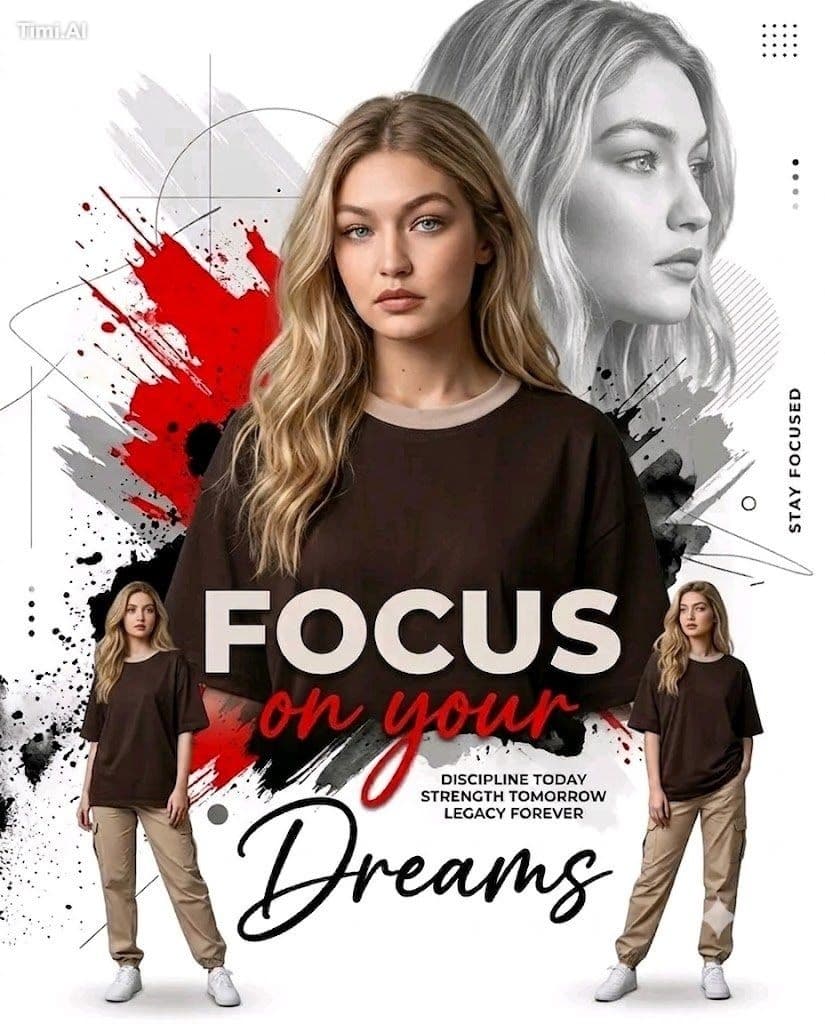 Create a premium fashion editorial poster on a clean white b