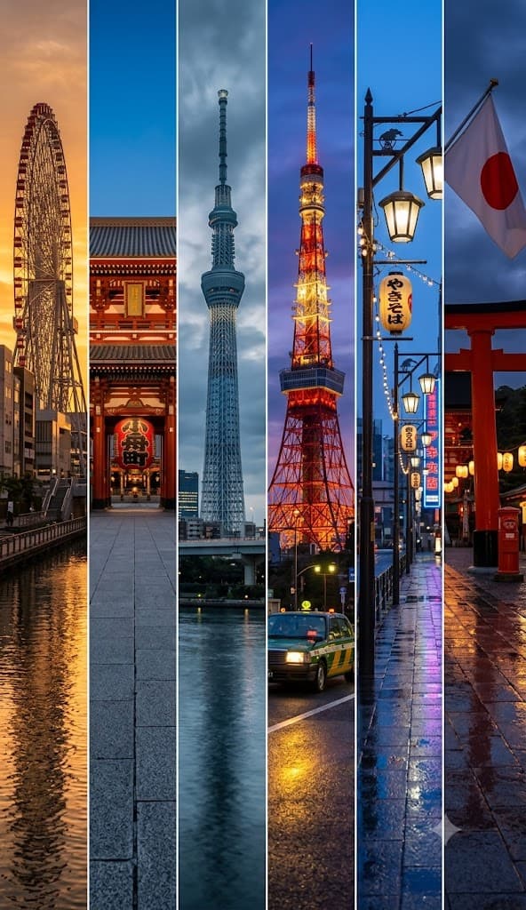 Create a cinematic 6-panel vertical collage travel poster of