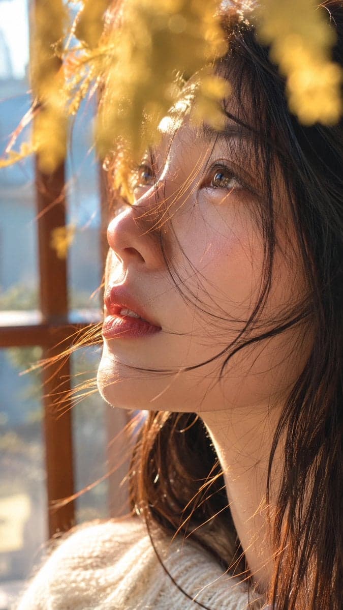 Ultra-close side-profile portrait of a young woman, vertical