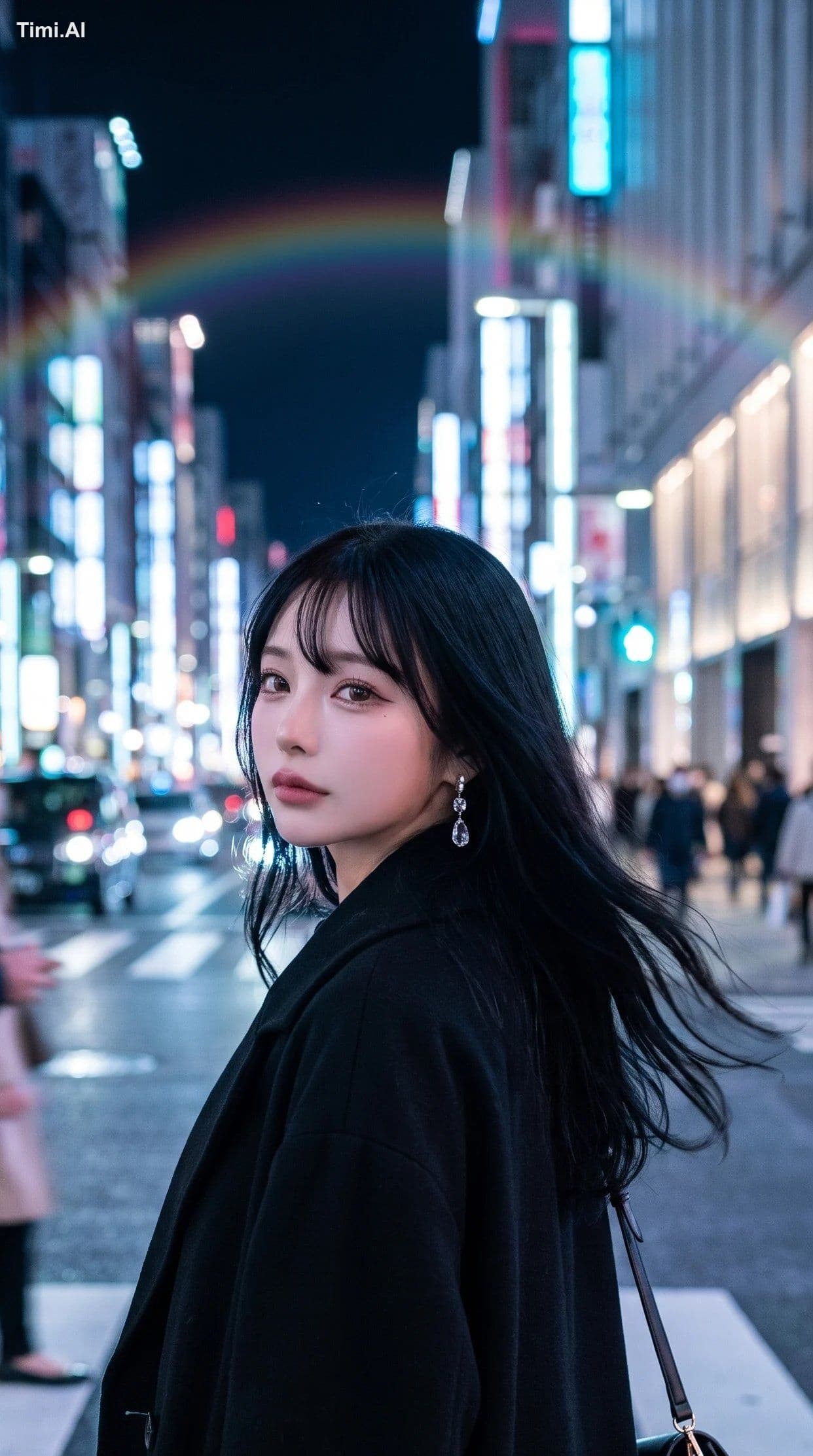 A breathtaking 22-year-old East Asian woman walking alone th