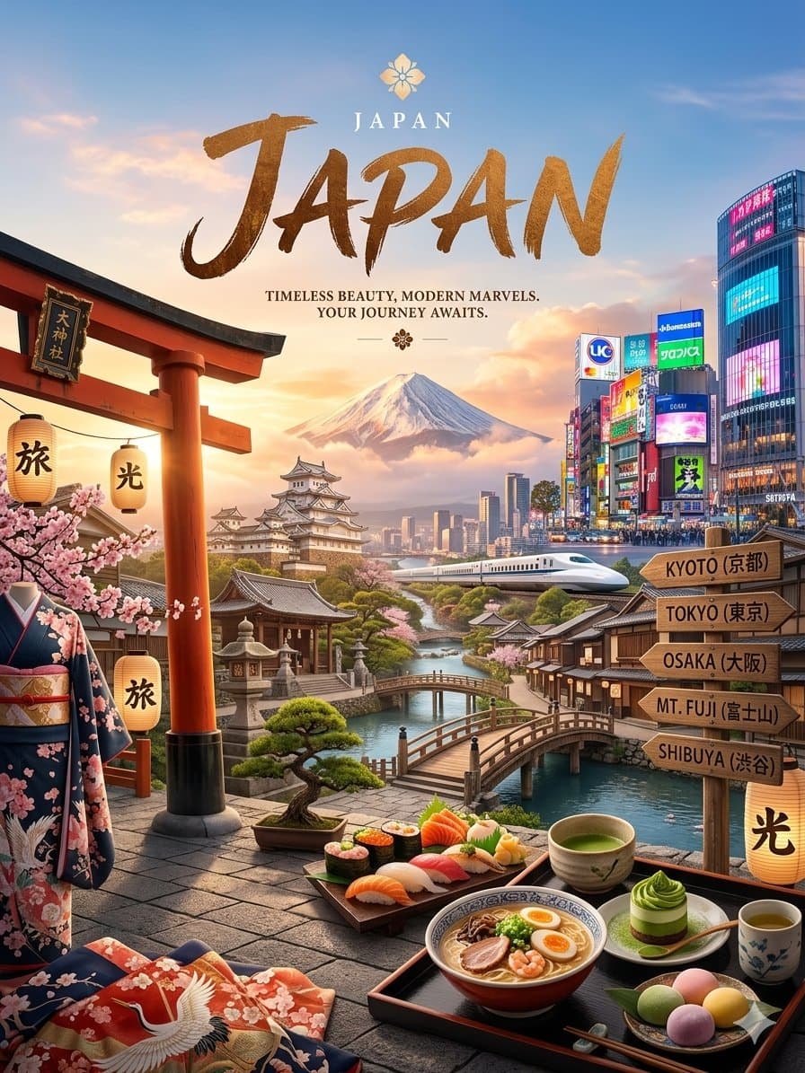 A richly layered panoramic travel poster of **Japan** during