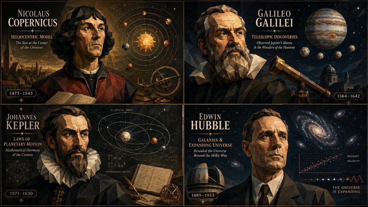 2x2 grid, do this for 4 famous astronomers and their contrib