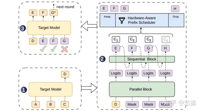 1️⃣ Generates multiple draft tokens in parallel with a singl