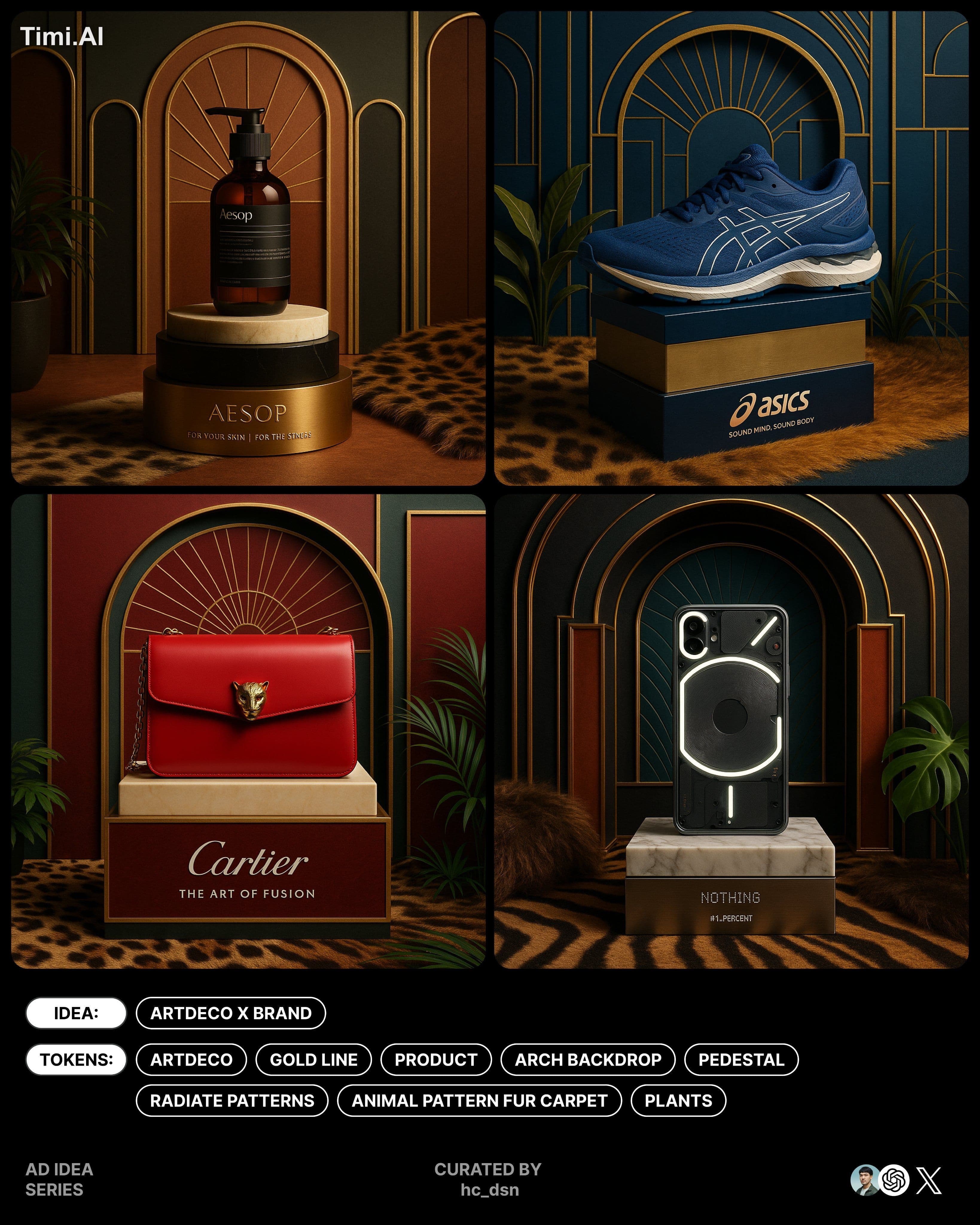 Four luxury-style product displays inspired by Art Deco desi