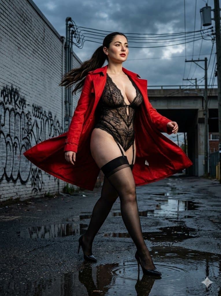 Photorealistic avant-garde editorial shot of a highly curvy 