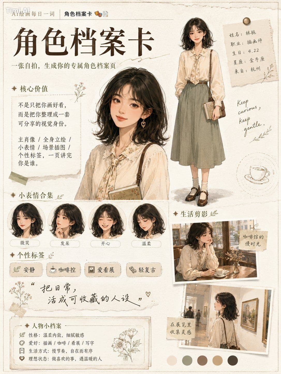 可以直接这样写:
请基于我上传的 3—5 张人物照片,生成一张高完成度的「角色档案卡 / 角色设定页」。
要求:
1