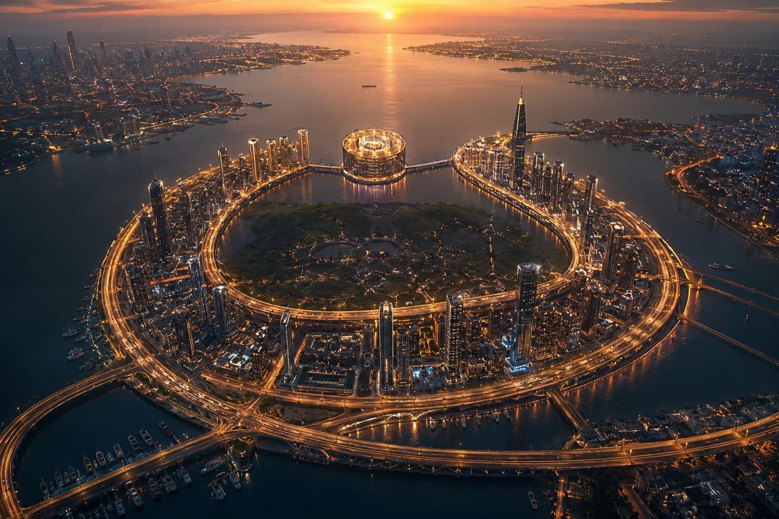 Create a cinematic futuristic aerial scene where the entire