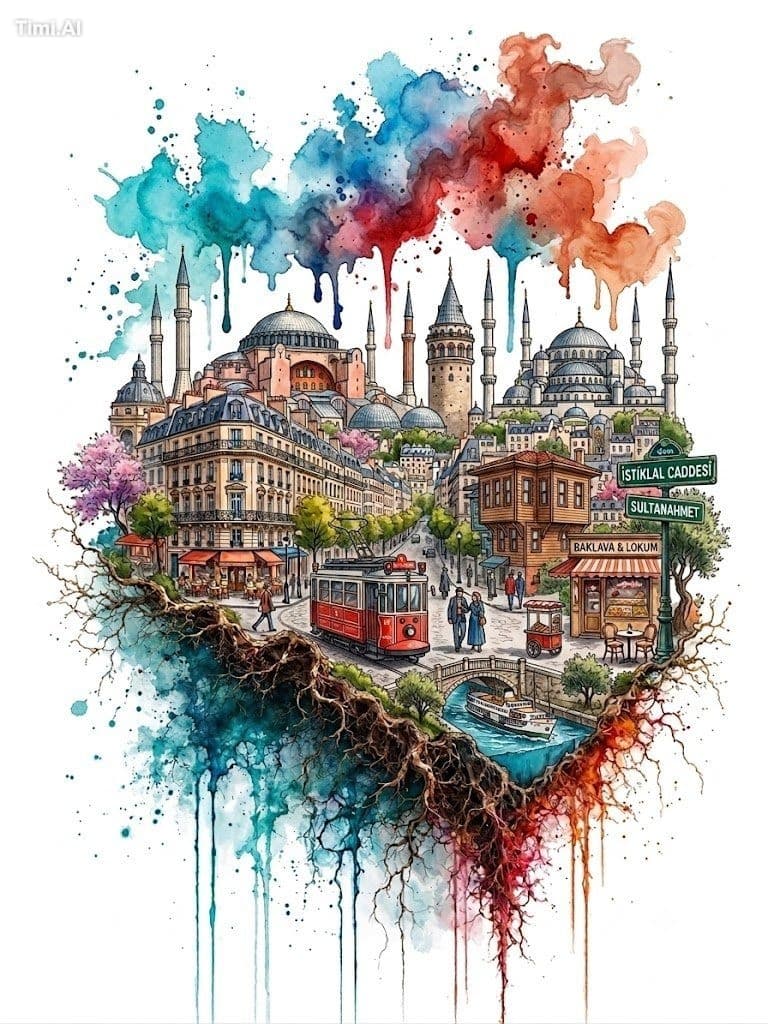 Create a vibrant mixed-media watercolor and ink illustration