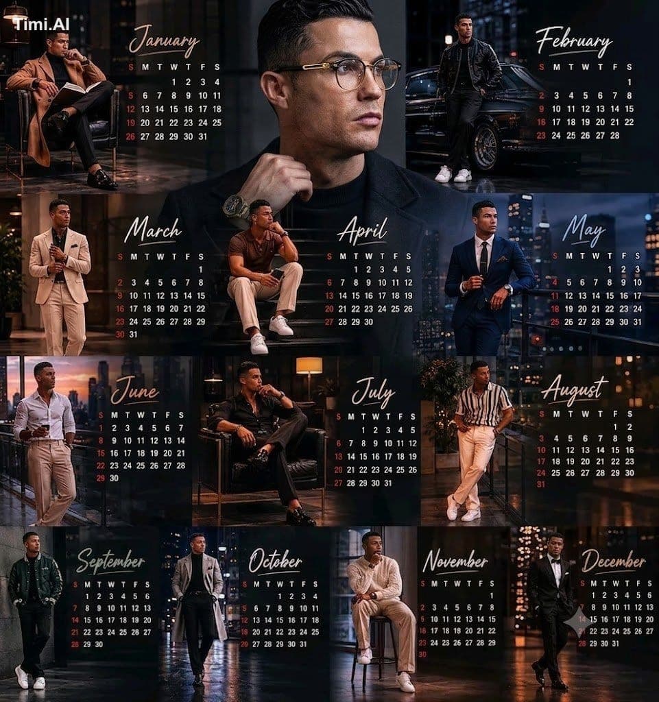Create a luxury 12-month calendar poster in a 4×3 grid featu