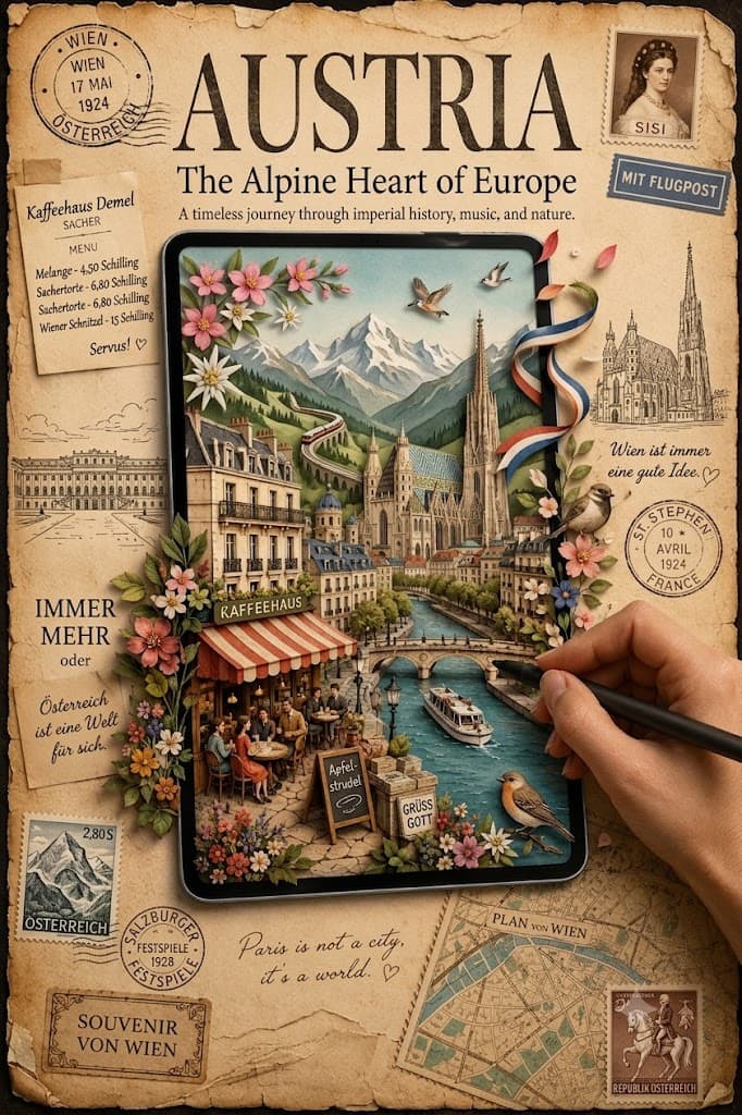 Create a highly detailed vintage scrapbook-style travel post