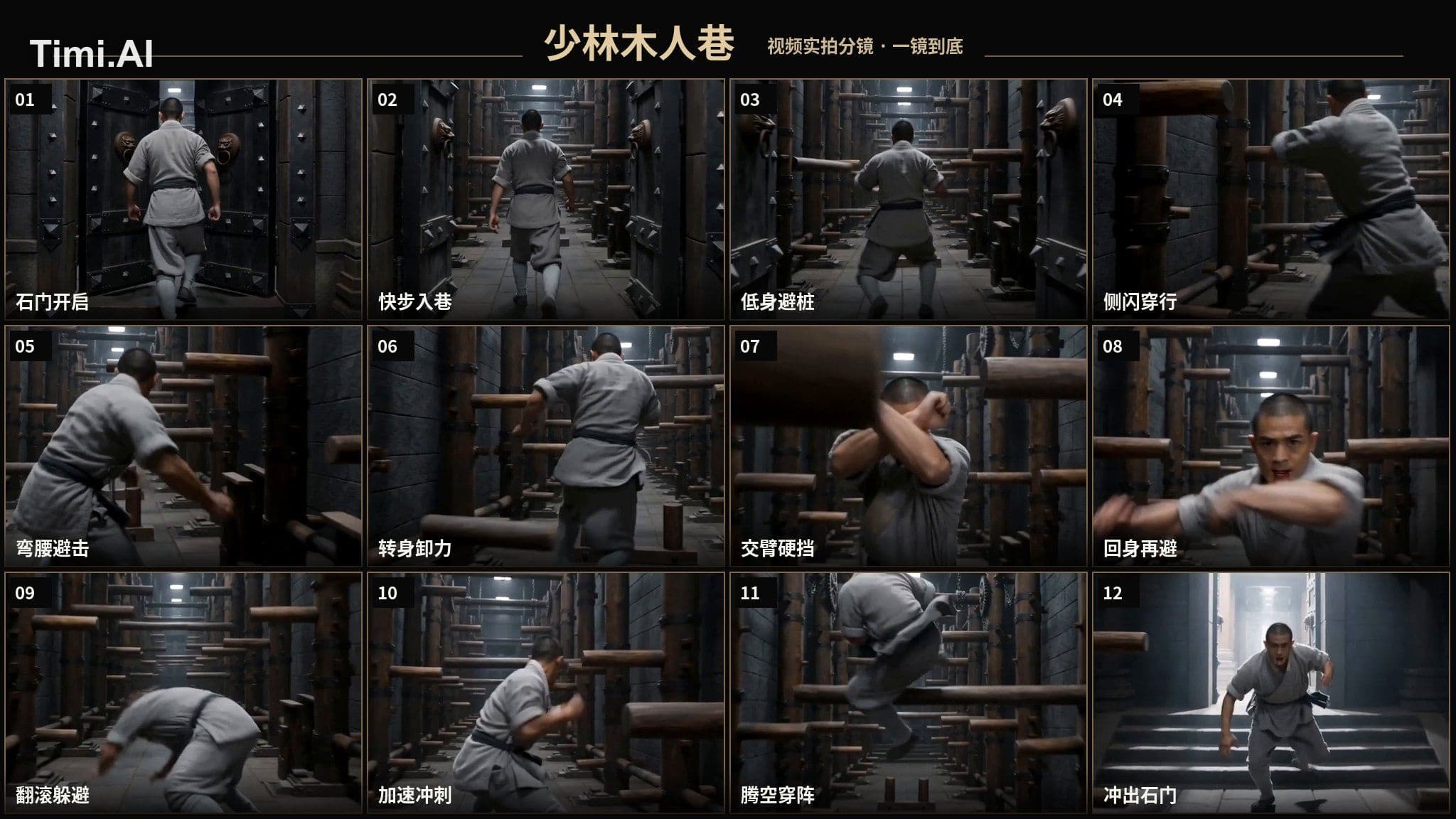 生成一段15秒、横版16:9、真人写实功夫片质感的《少林木人巷》一镜到底闯关视频。
场景是一条笔直、狭长的木人巷,入口