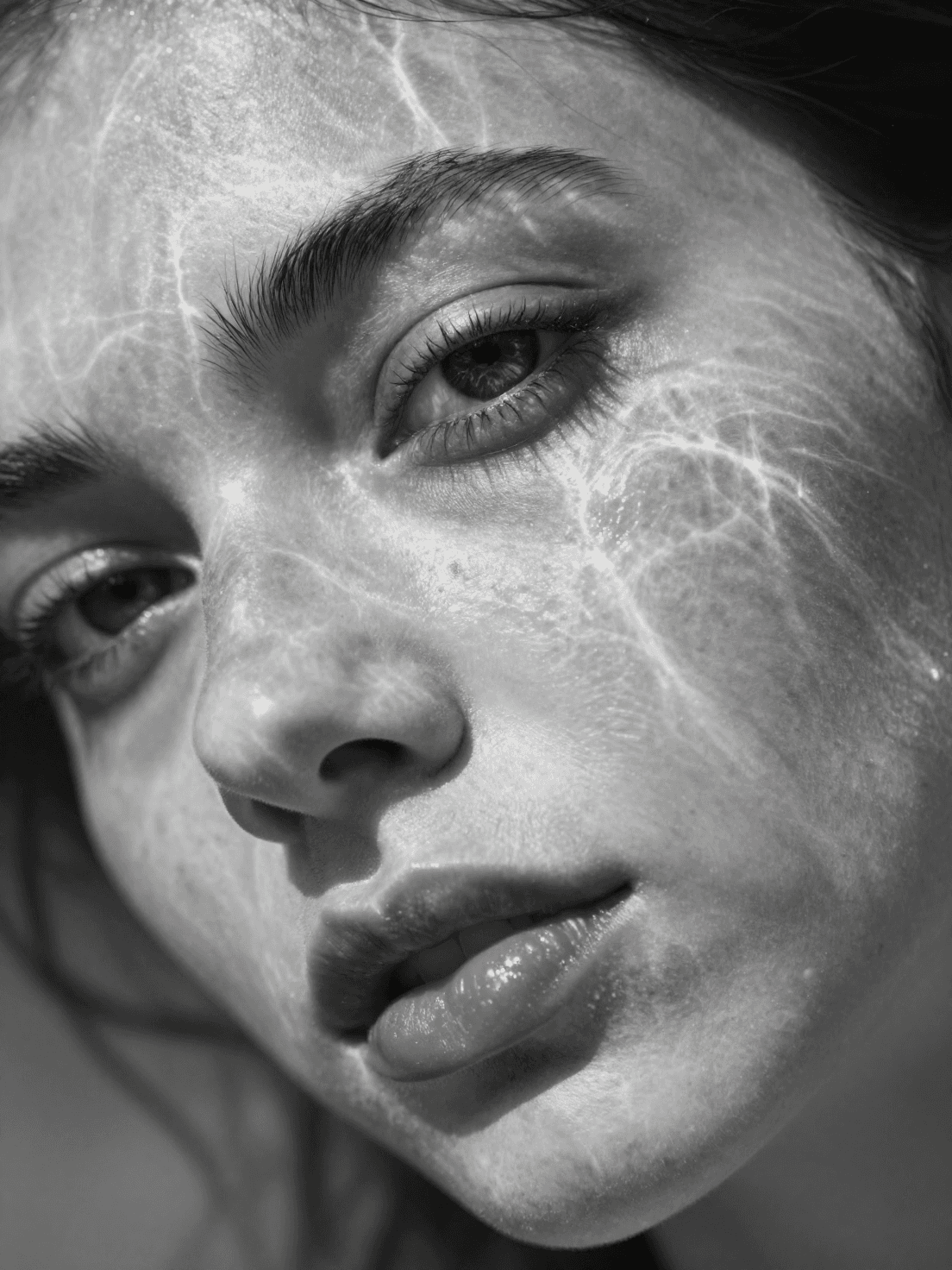 A hyperrealistic 8K black and white extreme close-up portrai