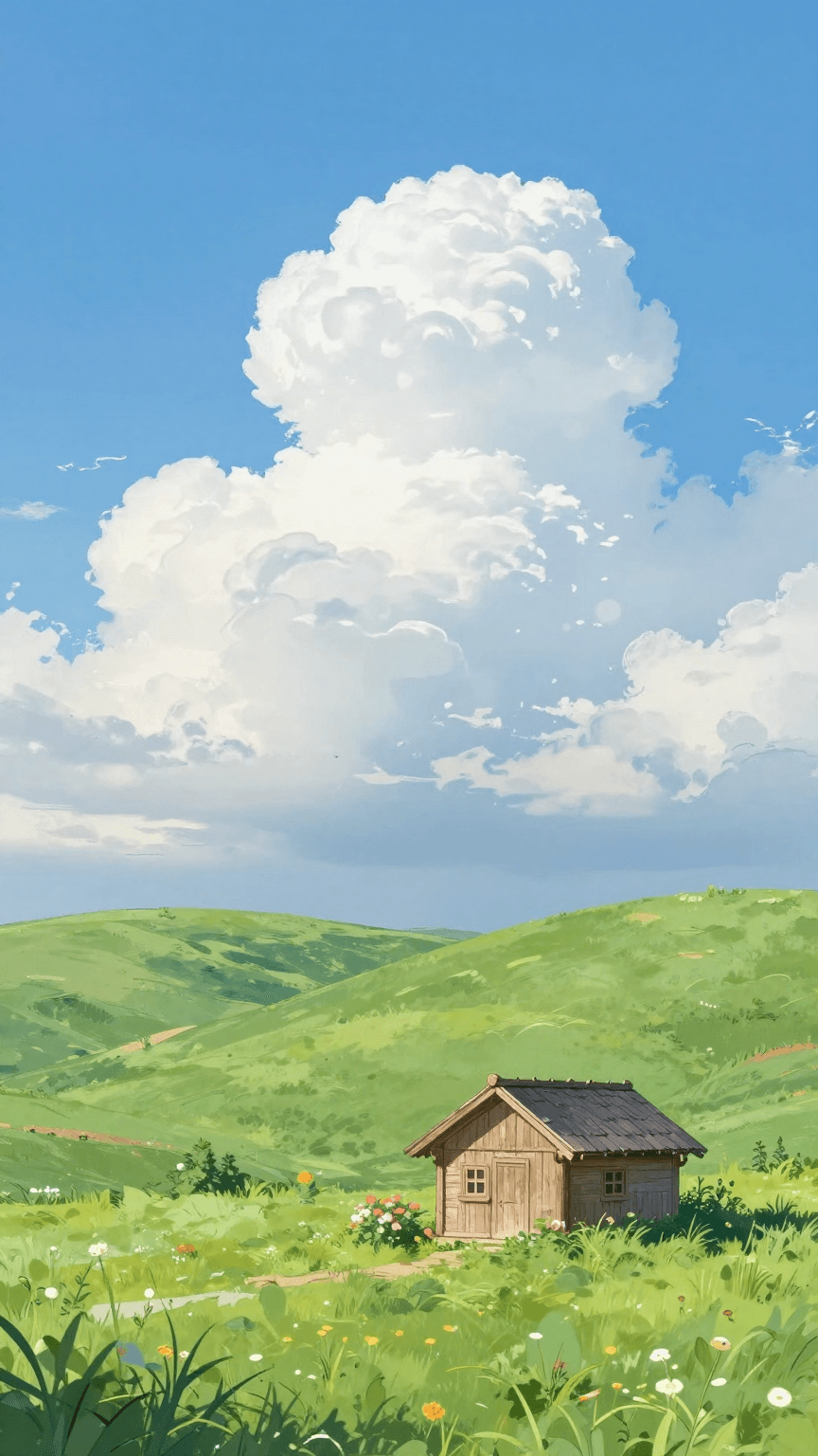 A lush, rolling green hill under a vast blue sky with fluffy