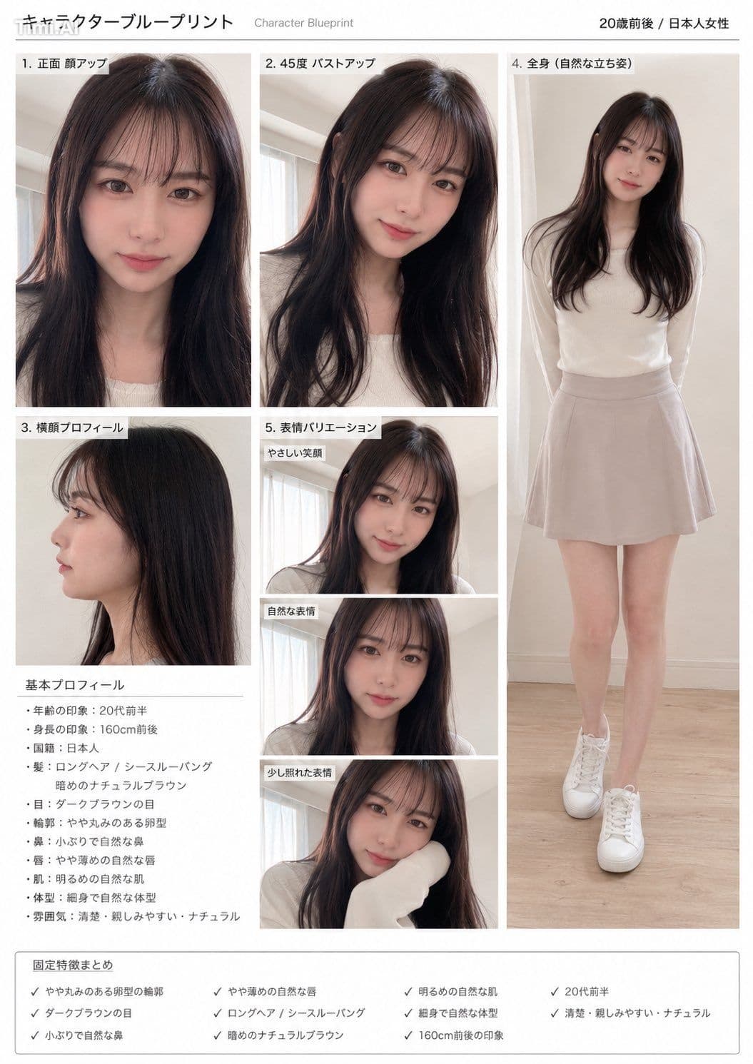 同一人物を高い再現性で生成するための「キャラクターブループリント」を作成してください。

被写体は成人女性、[年齢]歳、