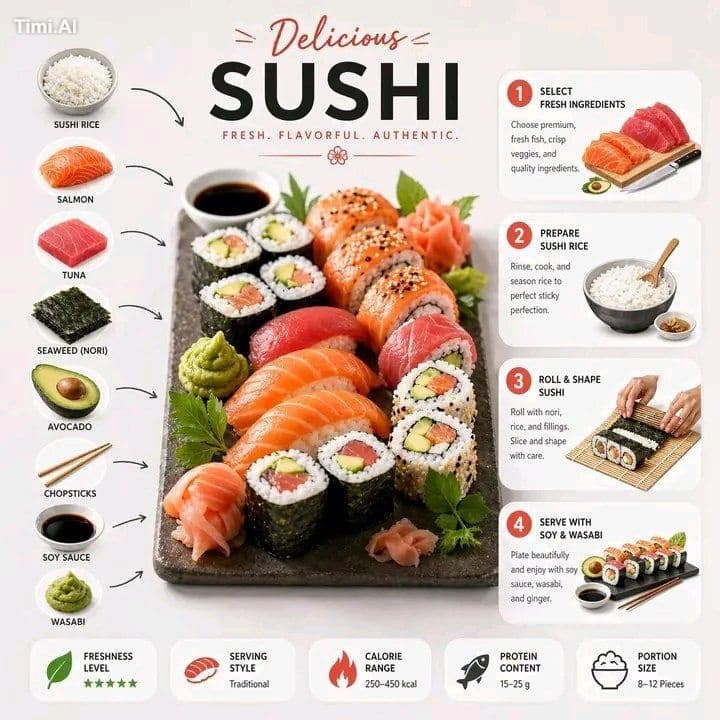 An educational food infographic titled 'Delicious SUSHI' in 
