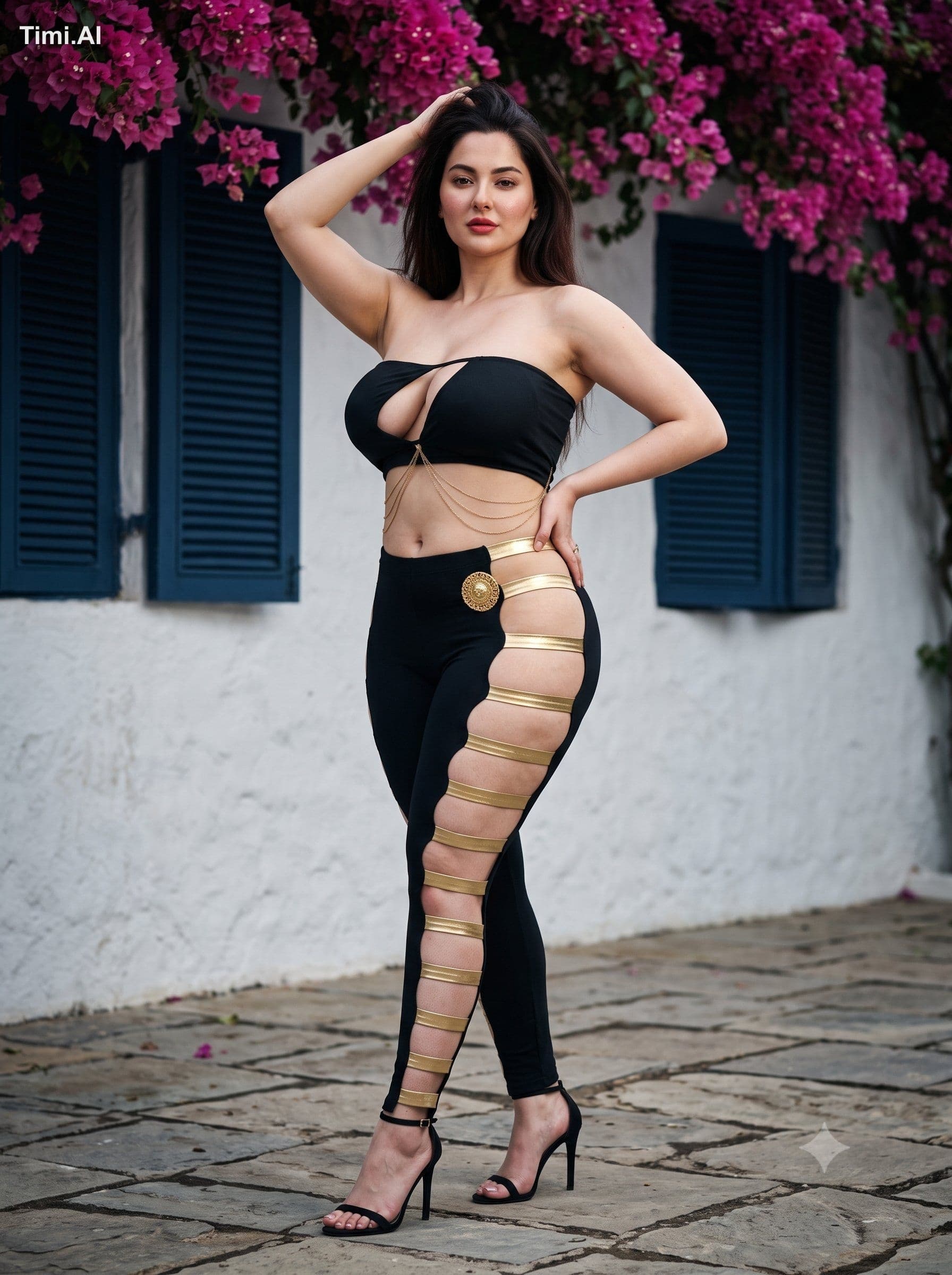 A detailed full-body portrait of a confident woman with dark