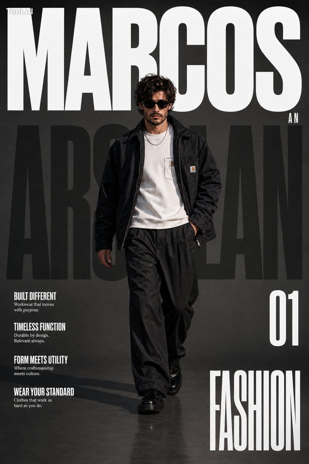 Create a premium high-fashion workwear magazine cover in a v