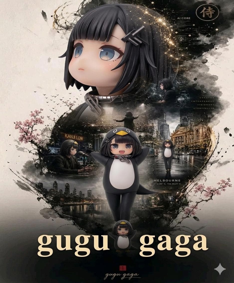 Cinematic movie poster titled “Gugu Gaga.” A stylized female