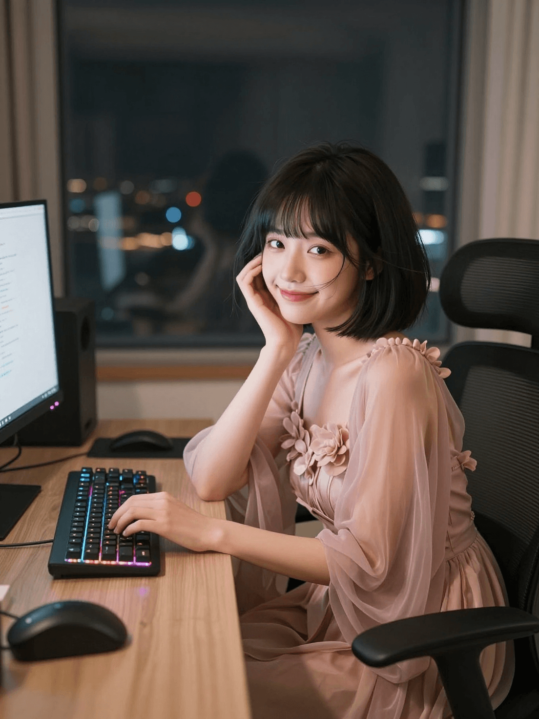 A young East Asian woman with a short black bob haircut and