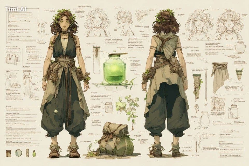 A concept sheet for a [character], detailed with front, back