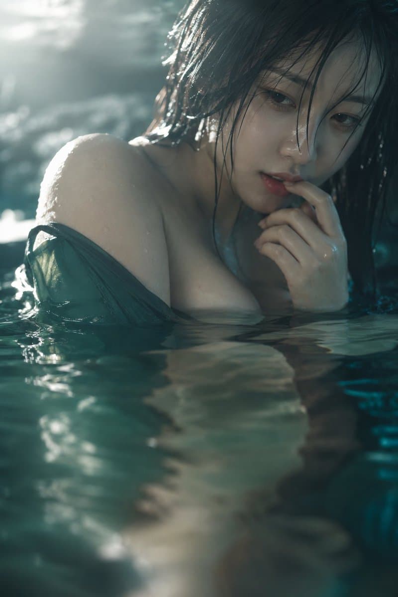 真人摄影、自然光水中近景肖像,竖幅低机位贴近水面,梦幻朦胧氛围,韩系美女,半倚在青绿色水中,脸部位于上方偏右,水面占据下