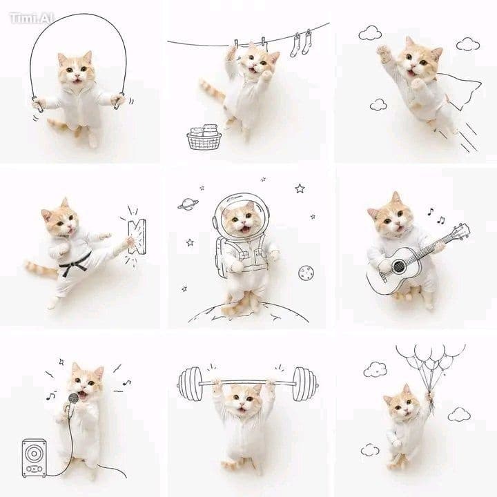 A cute 3×3 grid of a fluffy orange-and-white kitten in a whi