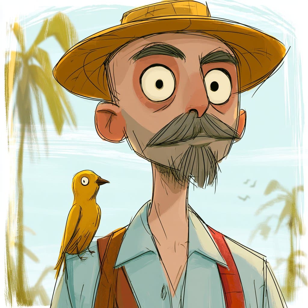 stylized character illustration of a man with a straw hat, m