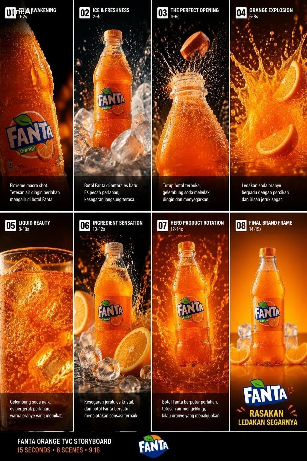 Create a premium global FMCG beverage commercial for Fanta O