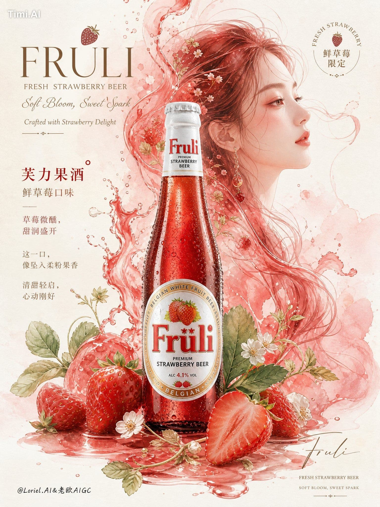 cheap fruity beer ad, cartoon strawberry style, childish ill