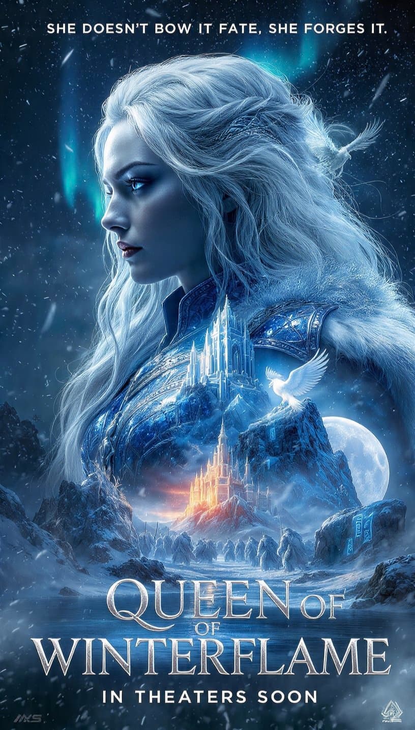 A cinematic fantasy movie poster for "Queen of Winterflame,"