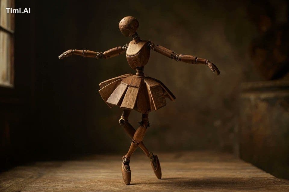 A wooden automaton version of a [subject], jointed with bras