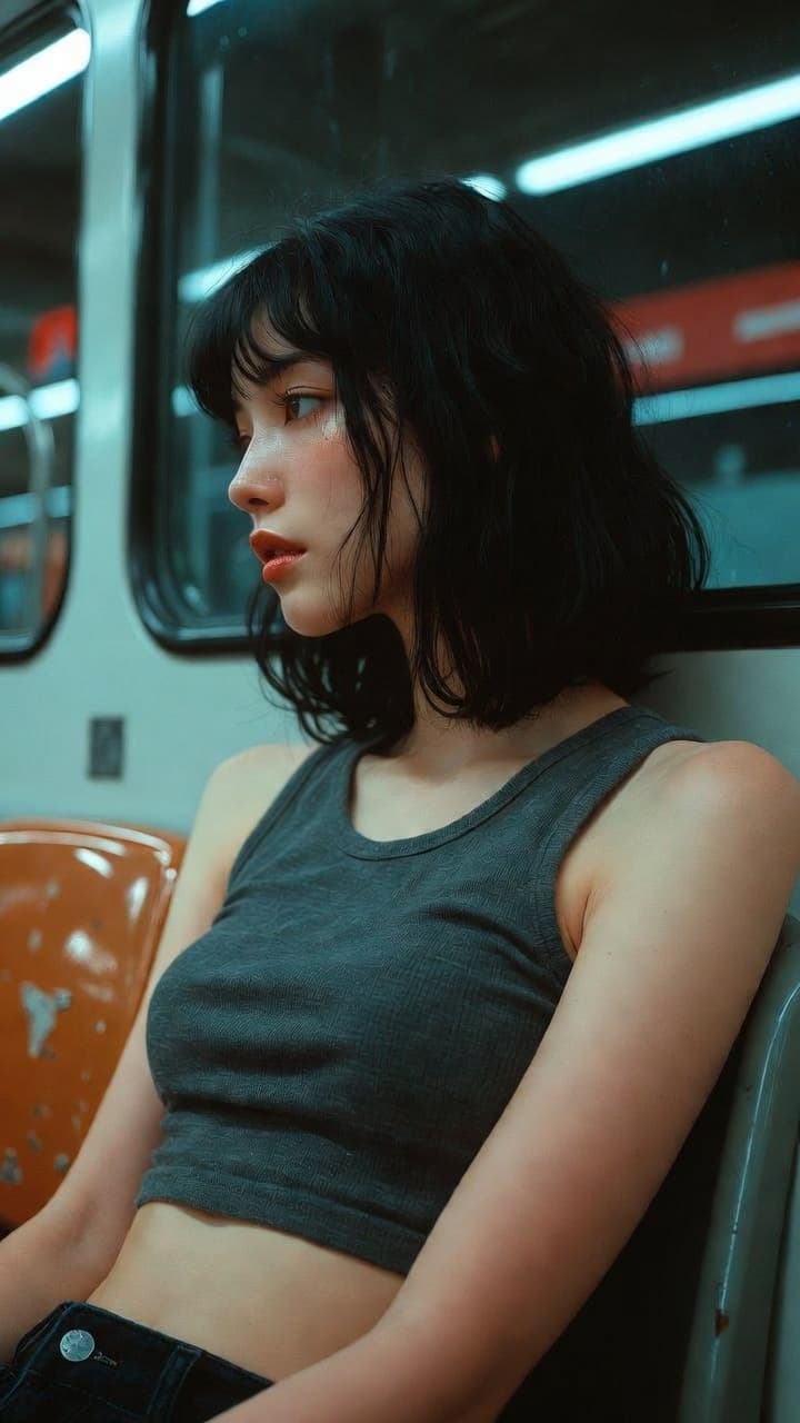 A photorealistic editorial portrait of a 20-year-old Japanes