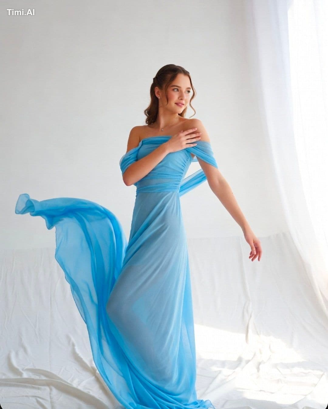A professional photography session featuring a young woman m