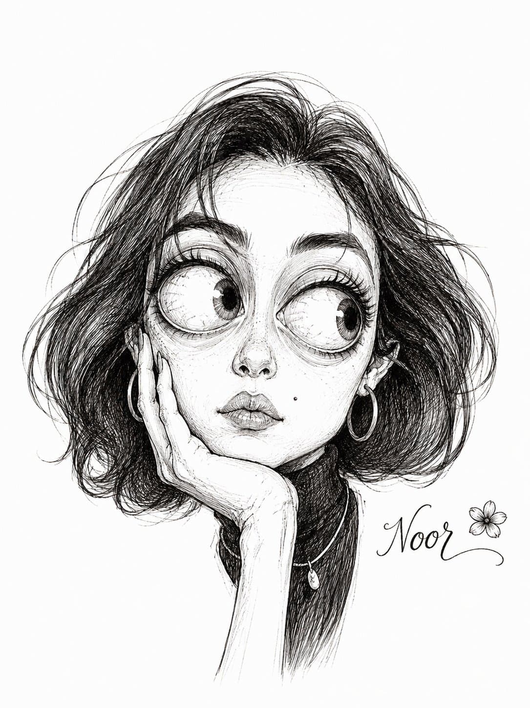 Exaggerated black and white pen ink caricature artistic port