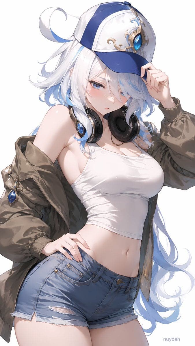 观察图片，进行二创，角色替换成[角色名]。

上半身曲线明显，腰线收窄，肩颈与手臂线条柔和，站姿形成轻微S形轮廓；短裤处